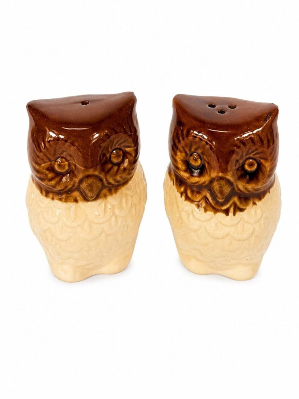 Pottery Owl Salt & Pepper Shakers  Brown Glaze Vintage Kitchenware Retro Collect